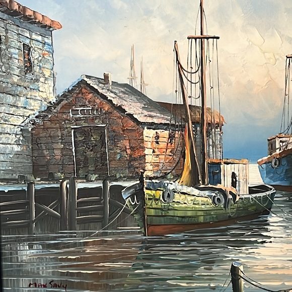 Original Max Savy Seascape Marina Lighthouse Fishing Village Framed Oil Painting - Picture 3 of 7
